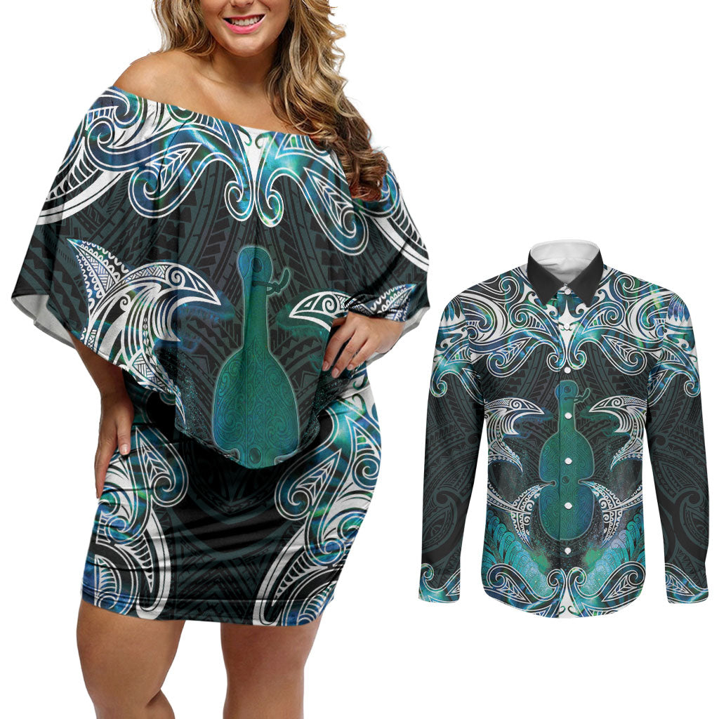 New Zealand Kotiate Weapon Couples Matching Off Shoulder Short Dress and Long Sleeve Button Shirt Aotearoa Mango Paua Shell Maori Pattern LT22 Blue - Polynesian Pride