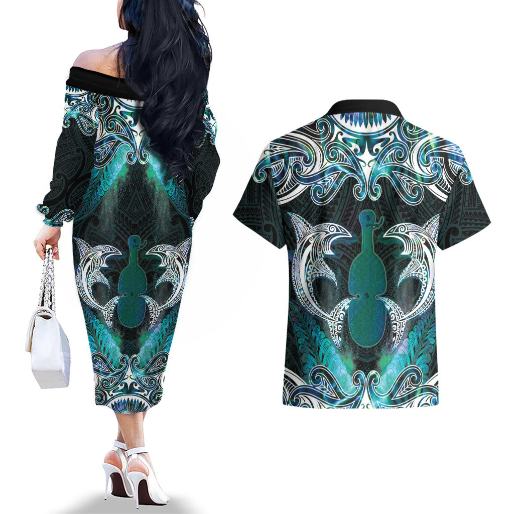 New Zealand Kotiate Weapon Couples Matching Off The Shoulder Long Sleeve Dress and Hawaiian Shirt Aotearoa Mango Paua Shell Maori Pattern LT22 - Polynesian Pride