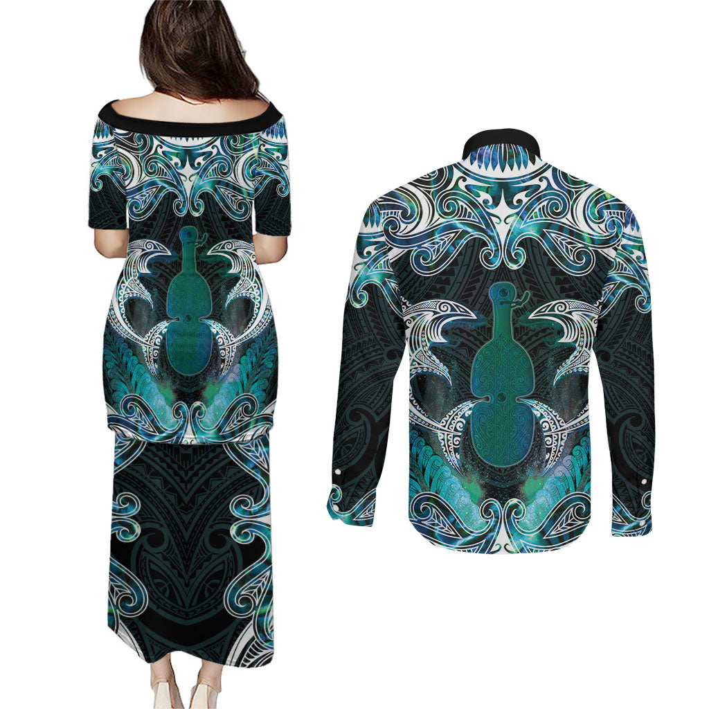 New Zealand Kotiate Weapon Couples Matching Puletasi and Long Sleeve Button Shirt Aotearoa Mango Paua Shell Maori Pattern LT22 - Polynesian Pride