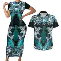 New Zealand Kotiate Weapon Couples Matching Short Sleeve Bodycon Dress and Hawaiian Shirt Aotearoa Mango Paua Shell Maori Pattern LT22 Blue - Polynesian Pride