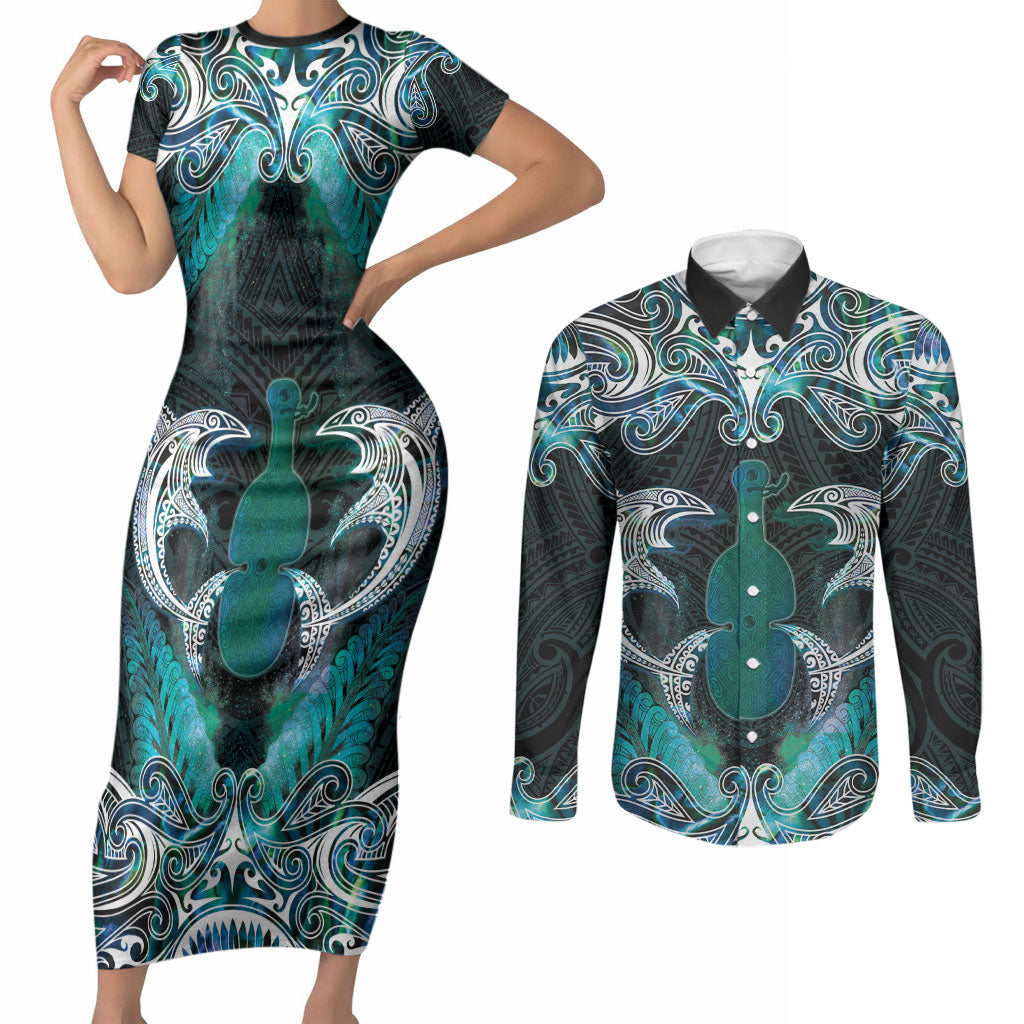 New Zealand Kotiate Weapon Couples Matching Short Sleeve Bodycon Dress and Long Sleeve Button Shirt Aotearoa Mango Paua Shell Maori Pattern LT22 Blue - Polynesian Pride