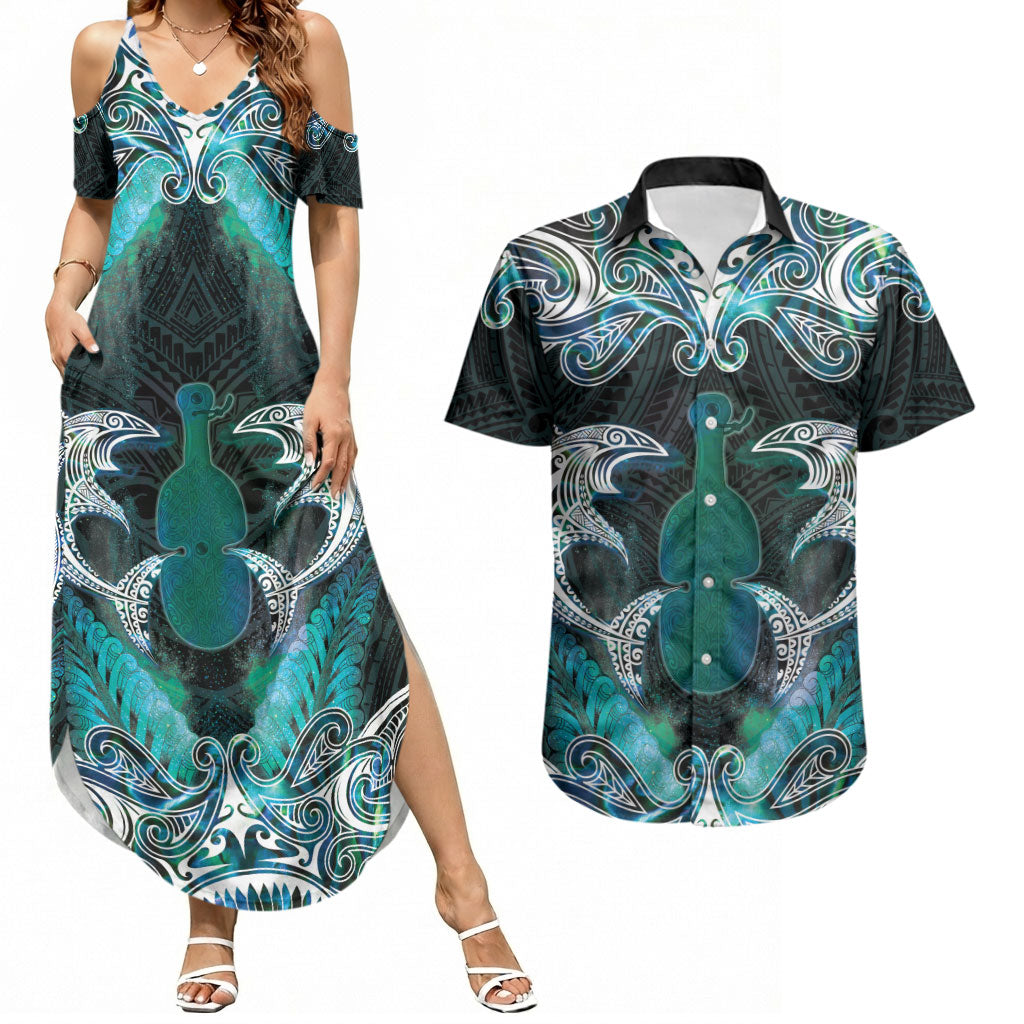 New Zealand Kotiate Weapon Couples Matching Summer Maxi Dress and Hawaiian Shirt Aotearoa Mango Paua Shell Maori Pattern LT22 Blue - Polynesian Pride