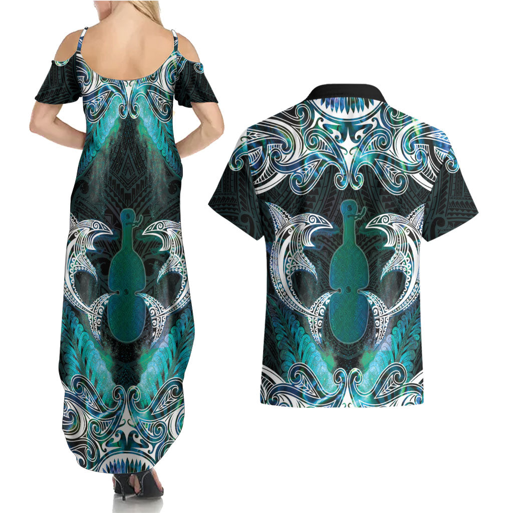 New Zealand Kotiate Weapon Couples Matching Summer Maxi Dress and Hawaiian Shirt Aotearoa Mango Paua Shell Maori Pattern LT22 - Polynesian Pride