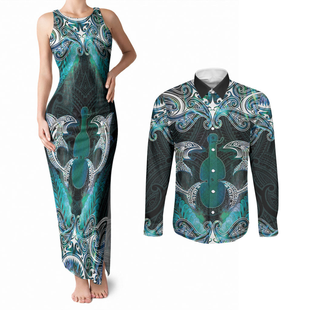 New Zealand Kotiate Weapon Couples Matching Tank Maxi Dress and Long Sleeve Button Shirt Aotearoa Mango Paua Shell Maori Pattern LT22 Blue - Polynesian Pride