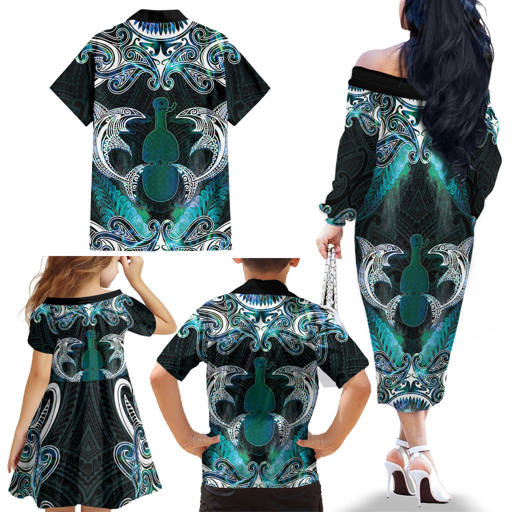 New Zealand Kotiate Weapon Family Matching Off The Shoulder Long Sleeve Dress and Hawaiian Shirt Aotearoa Mango Paua Shell Maori Pattern LT22 - Polynesian Pride