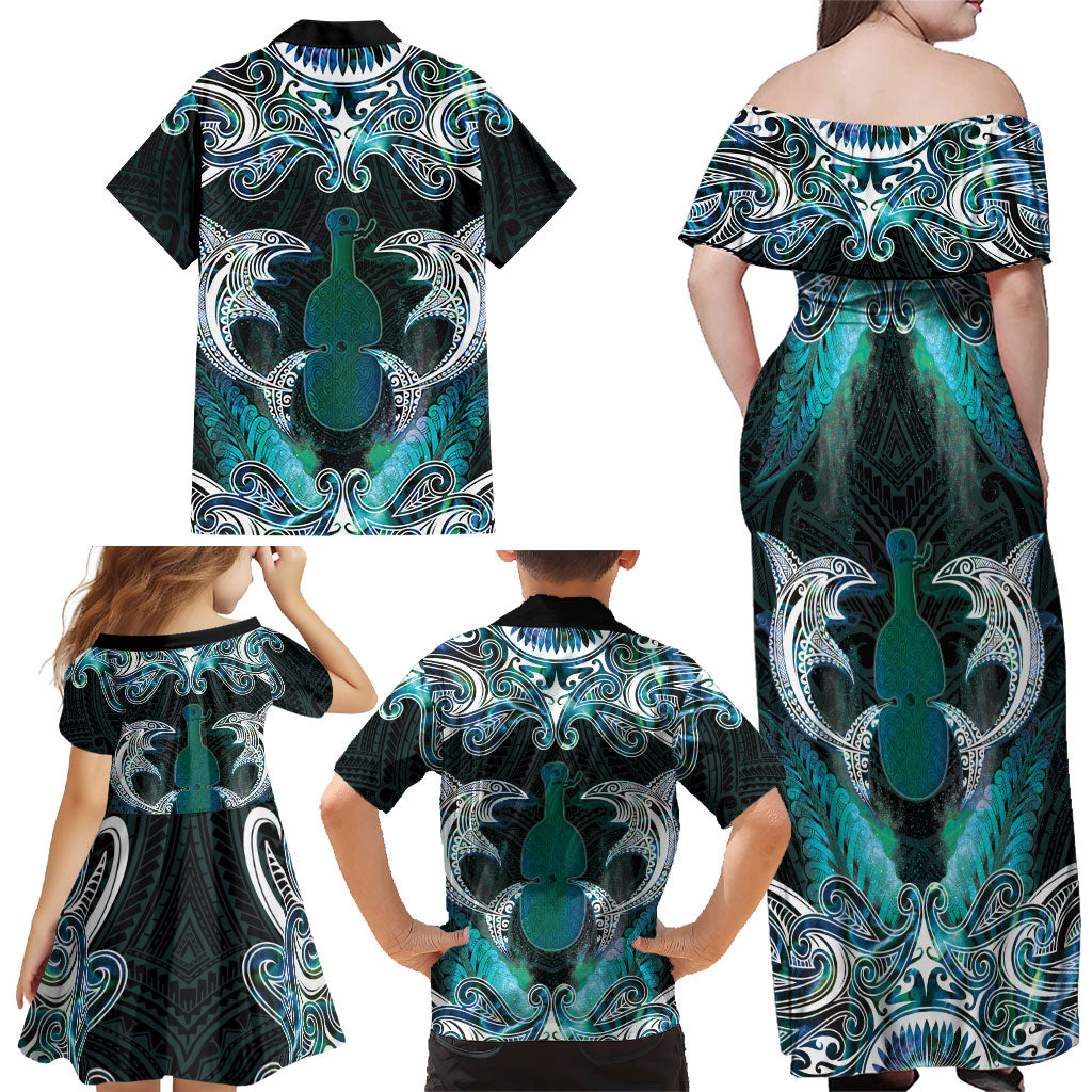 New Zealand Kotiate Weapon Family Matching Off Shoulder Maxi Dress and Hawaiian Shirt Aotearoa Mango Paua Shell Maori Pattern LT22 - Polynesian Pride