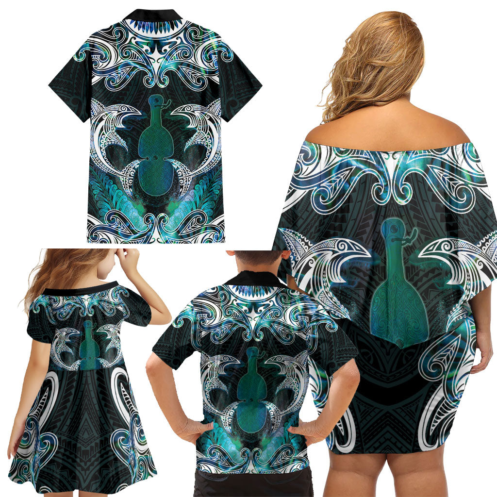 New Zealand Kotiate Weapon Family Matching Off Shoulder Short Dress and Hawaiian Shirt Aotearoa Mango Paua Shell Maori Pattern LT22 - Polynesian Pride