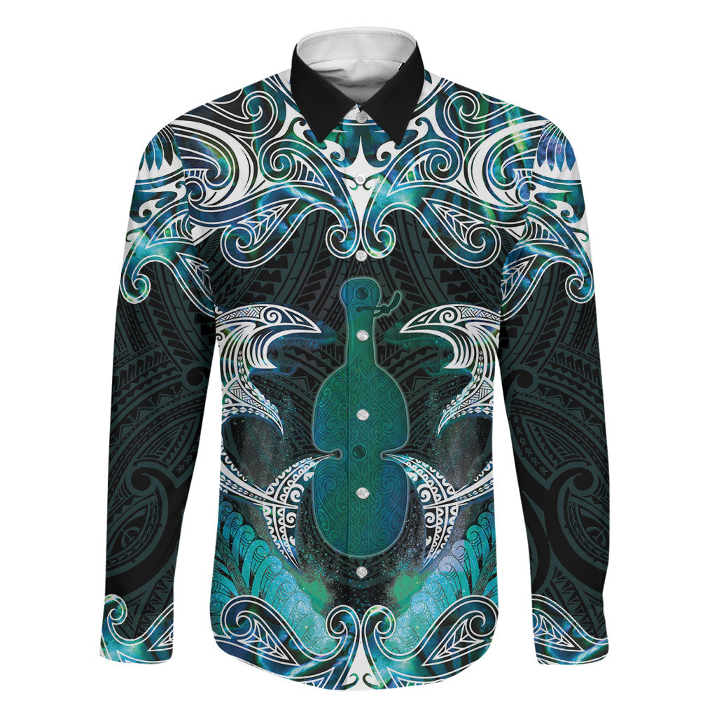 New Zealand Kotiate Weapon Family Matching Tank Maxi Dress and Hawaiian Shirt Aotearoa Mango Paua Shell Maori Pattern LT22 Dad's Shirt - Long Sleeve Blue - Polynesian Pride