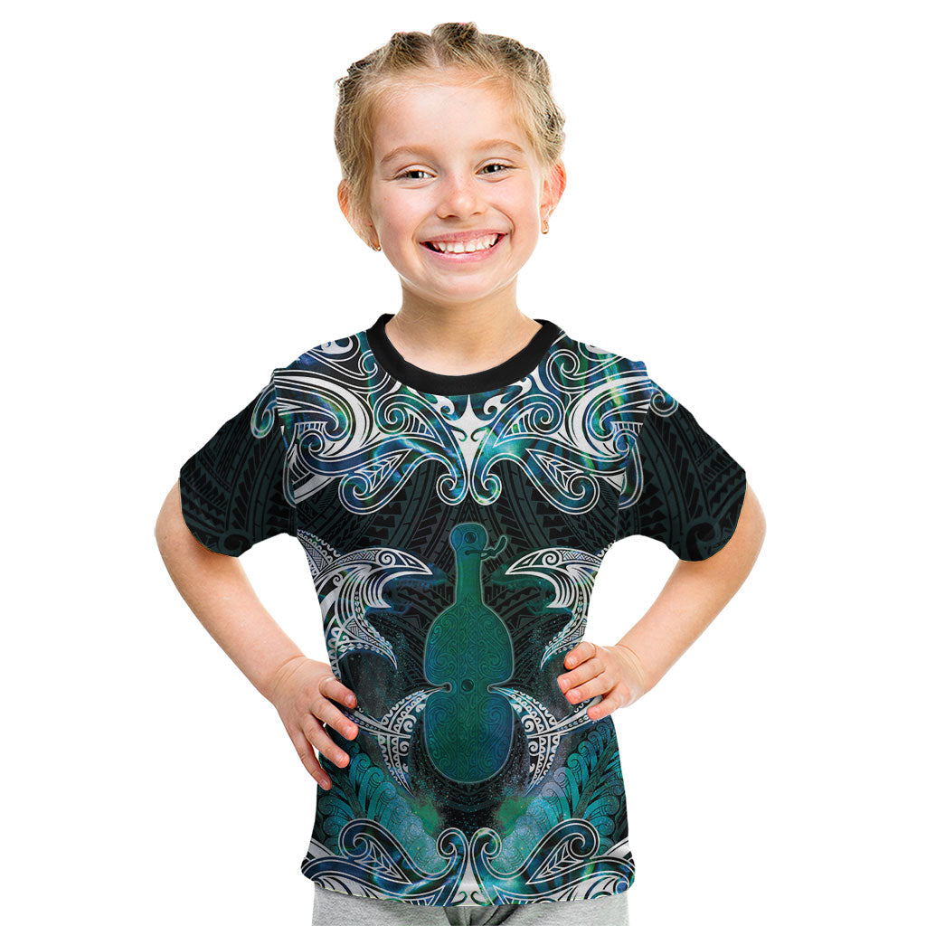 New Zealand Kotiate Weapon Kid T Shirt Aotearoa Mango Paua Shell Maori Pattern LT22 Blue - Polynesian Pride