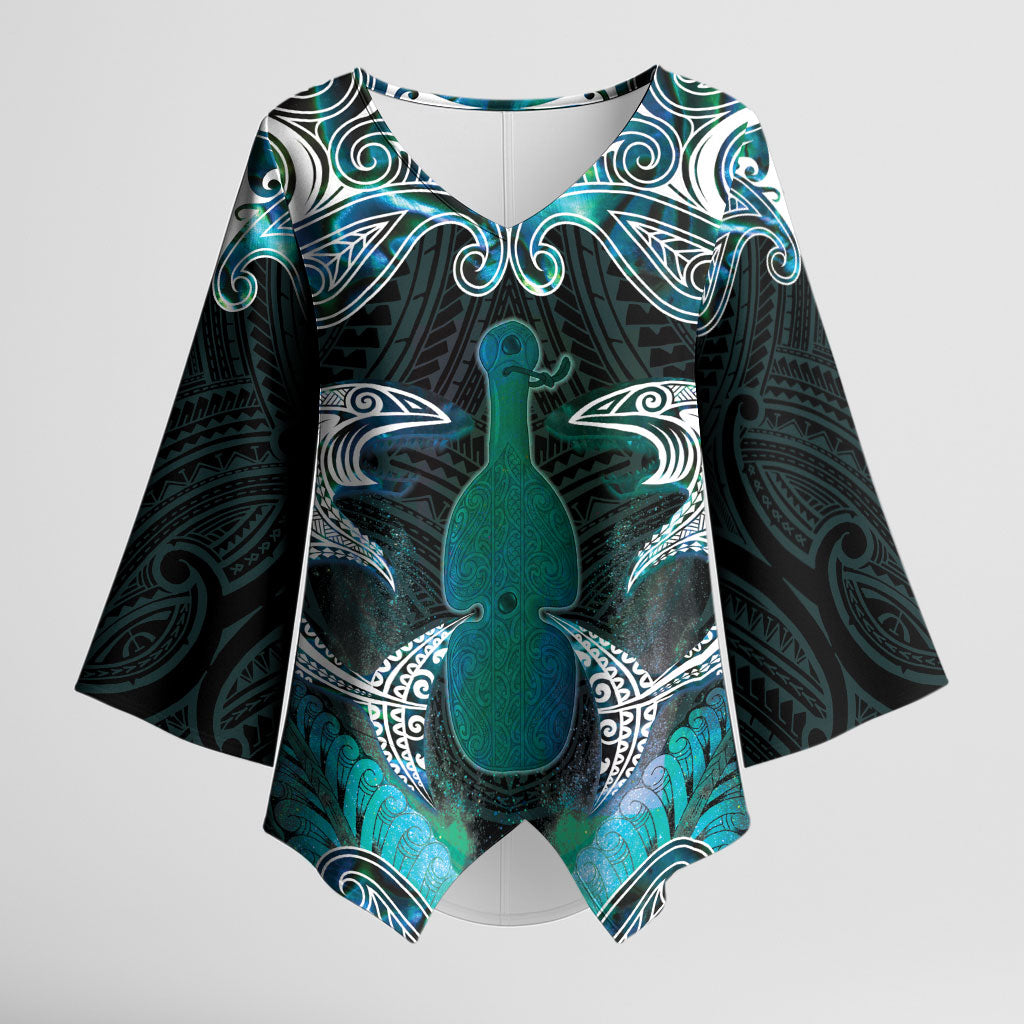 New Zealand Kotiate Weapon Kimono Sleeve Blouse Aotearoa Mango Paua Shell Maori Pattern LT22 Female Blue - Polynesian Pride