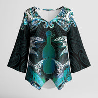 New Zealand Kotiate Weapon Kimono Sleeve Blouse Aotearoa Mango Paua Shell Maori Pattern LT22 Female Blue - Polynesian Pride