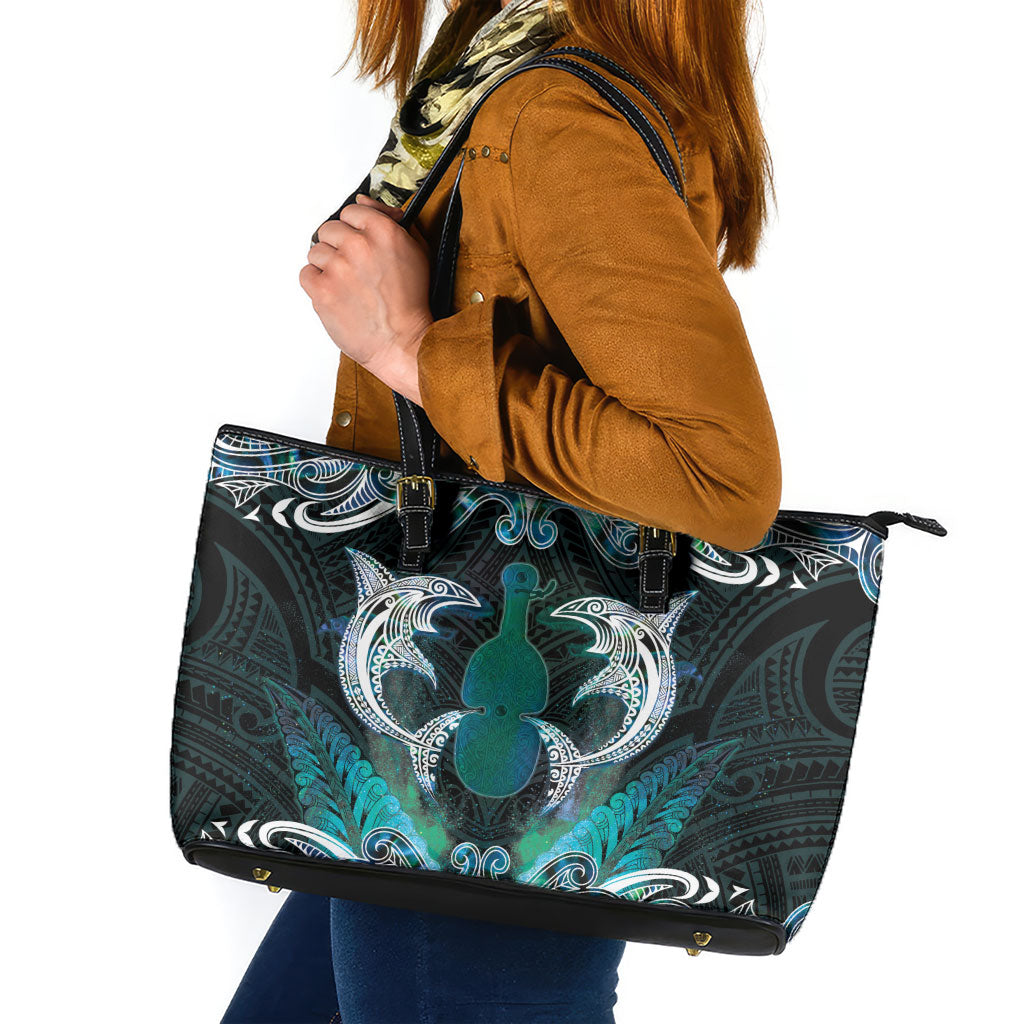 New Zealand Kotiate Weapon Leather Tote Bag Aotearoa Mango Paua Shell Maori Pattern LT22 Blue - Polynesian Pride