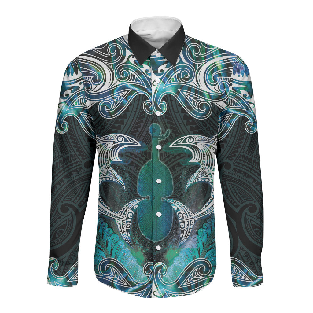 New Zealand Kotiate Weapon Long Sleeve Button Shirt Aotearoa Mango Paua Shell Maori Pattern LT22 Unisex Blue - Polynesian Pride