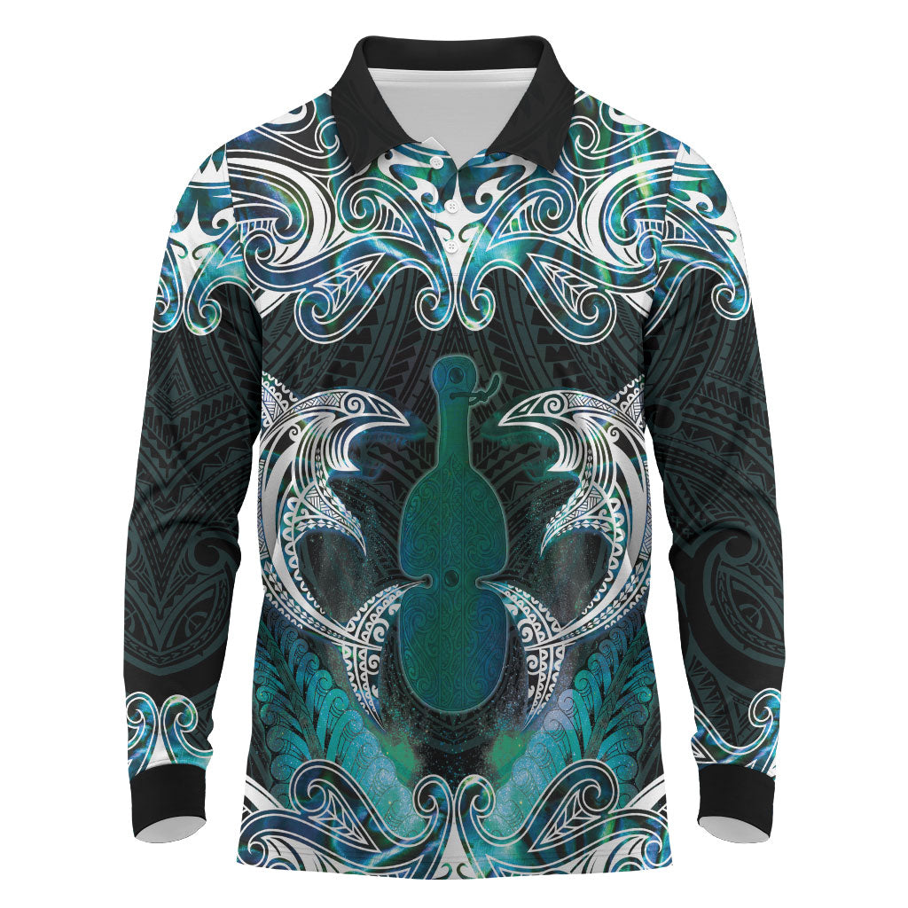 New Zealand Kotiate Weapon Long Sleeve Polo Shirt Aotearoa Mango Paua Shell Maori Pattern LT22 Blue - Polynesian Pride