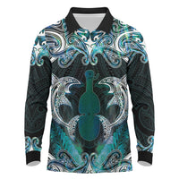 New Zealand Kotiate Weapon Long Sleeve Polo Shirt Aotearoa Mango Paua Shell Maori Pattern LT22 Blue - Polynesian Pride