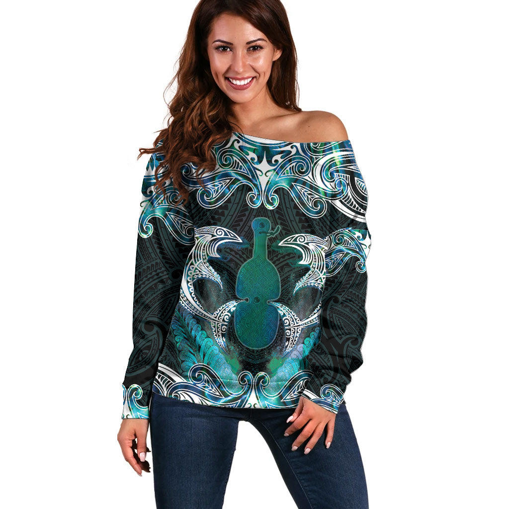 New Zealand Kotiate Weapon Off Shoulder Sweater Aotearoa Mango Paua Shell Maori Pattern LT22 Women Blue - Polynesian Pride