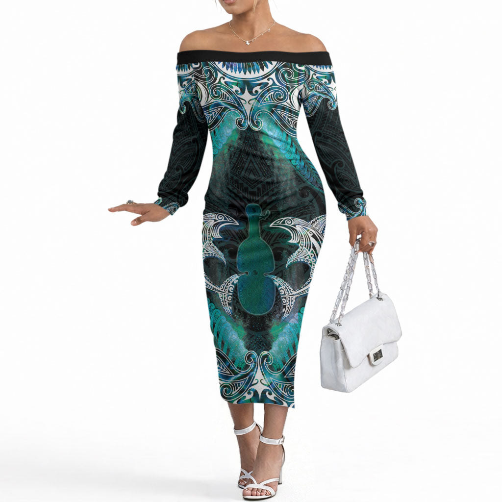 New Zealand Kotiate Weapon Off The Shoulder Long Sleeve Dress Aotearoa Mango Paua Shell Maori Pattern LT22 Women Blue - Polynesian Pride