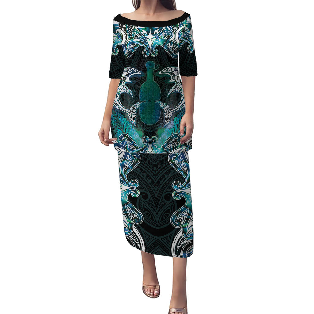 New Zealand Kotiate Weapon Puletasi Aotearoa Mango Paua Shell Maori Pattern LT22 Long Dress Blue - Polynesian Pride