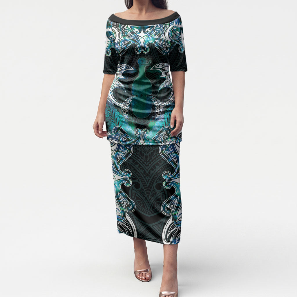 New Zealand Kotiate Weapon Puletasi Aotearoa Mango Paua Shell Maori Pattern LT22 Long Dress Blue - Polynesian Pride