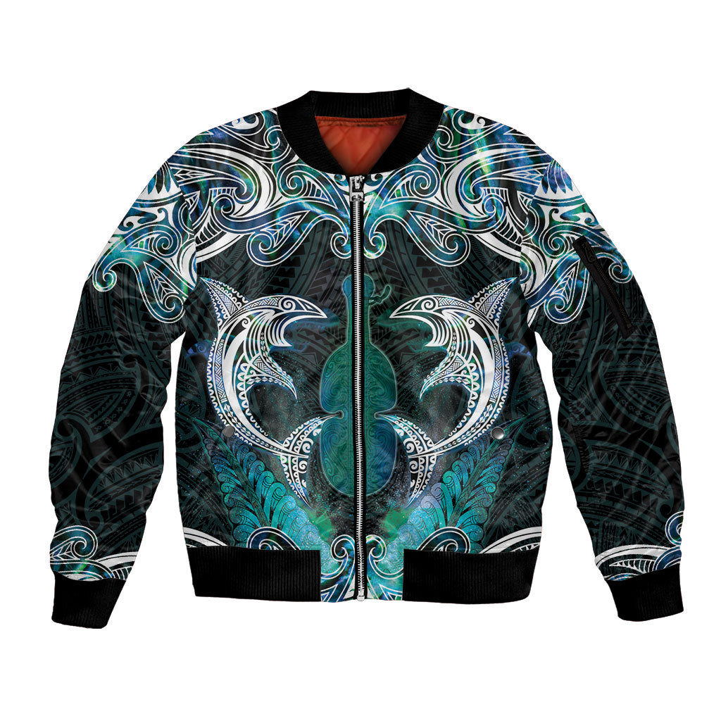 New Zealand Kotiate Weapon Sleeve Zip Bomber Jacket Aotearoa Mango Paua Shell Maori Pattern LT22 Unisex Blue - Polynesian Pride