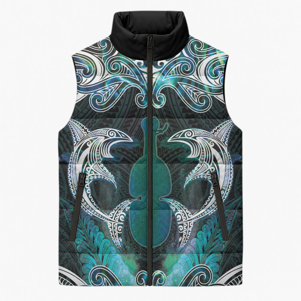 New Zealand Kotiate Weapon Sleeveless Puffer Jacket Aotearoa Mango Paua Shell Maori Pattern LT22 Unisex Blue - Polynesian Pride