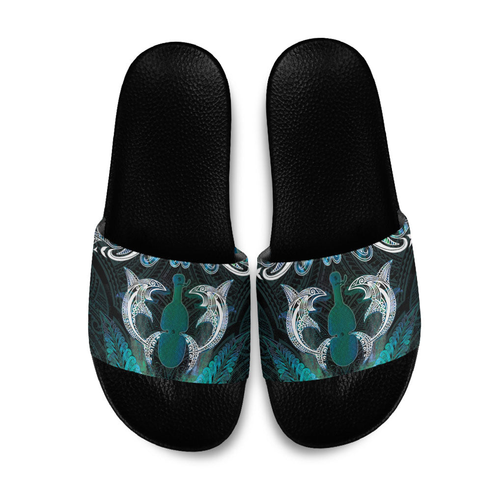 New Zealand Kotiate Weapon Slide Sandals Aotearoa Mango Paua Shell Maori Pattern LT22 Blue - Polynesian Pride