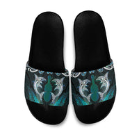 New Zealand Kotiate Weapon Slide Sandals Aotearoa Mango Paua Shell Maori Pattern LT22 Blue - Polynesian Pride