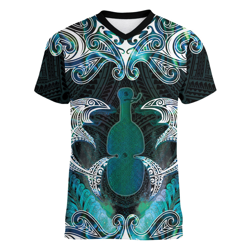 New Zealand Kotiate Weapon Women V-Neck T-Shirt Aotearoa Mango Paua Shell Maori Pattern LT22 Female Blue - Polynesian Pride