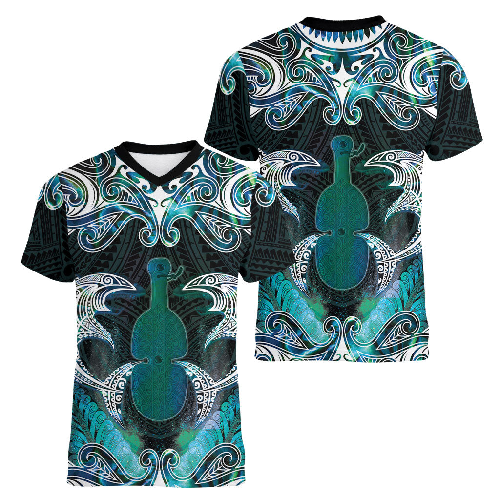New Zealand Kotiate Weapon Women V-Neck T-Shirt Aotearoa Mango Paua Shell Maori Pattern LT22 - Polynesian Pride