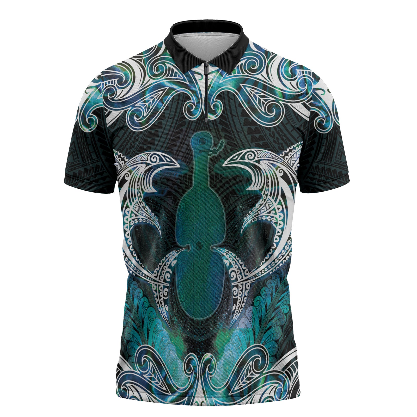 New Zealand Kotiate Weapon Zipper Polo Shirt Aotearoa Mango Paua Shell Maori Pattern LT22 Blue - Polynesian Pride