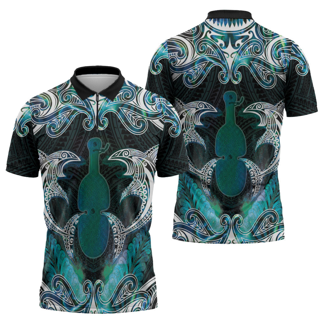 New Zealand Kotiate Weapon Zipper Polo Shirt Aotearoa Mango Paua Shell Maori Pattern LT22 - Polynesian Pride