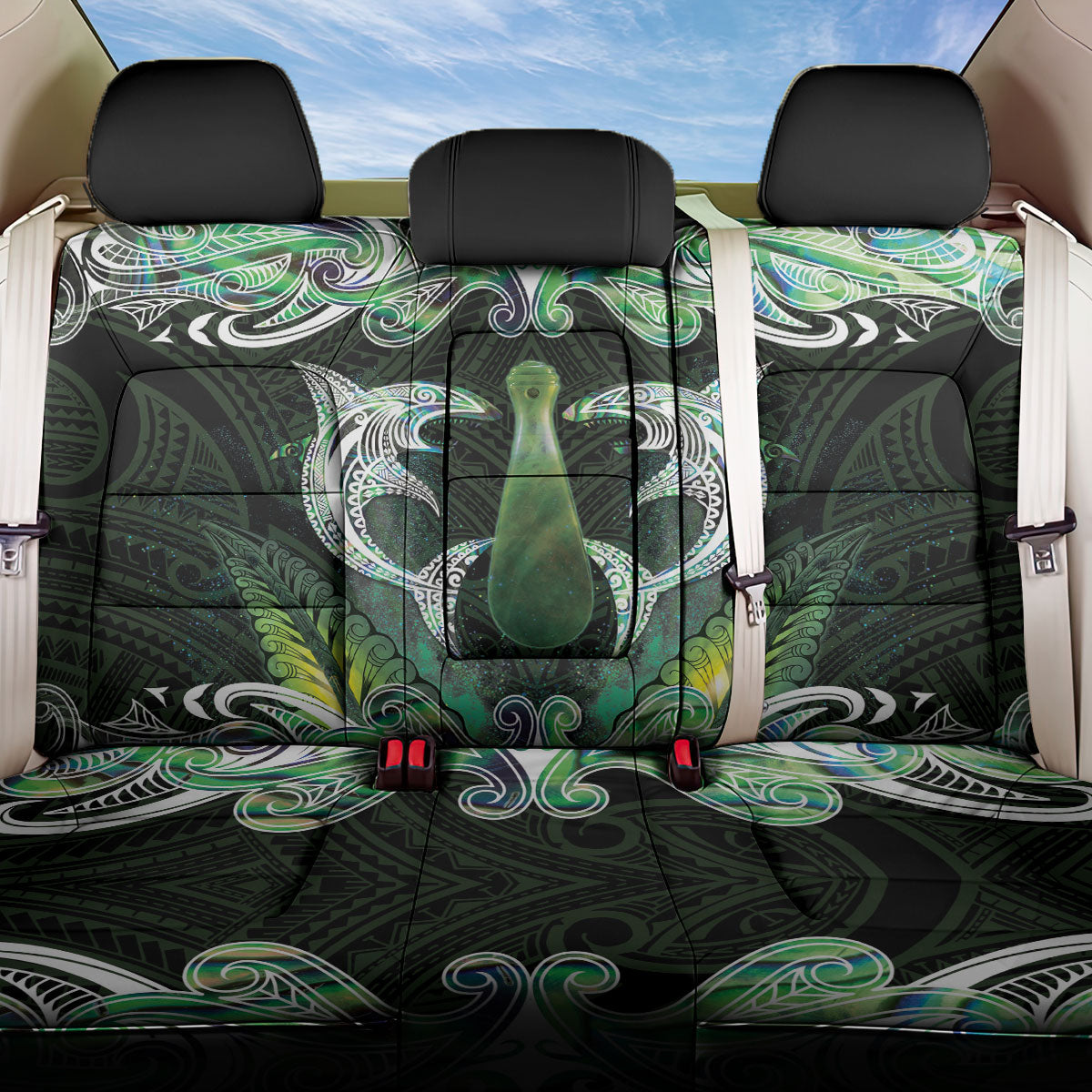New Zealand Mere Pounamu Weapon Back Car Seat Cover Aotearoa Mango Paua Shell Maori Pattern LT22 One Size Green - Polynesian Pride