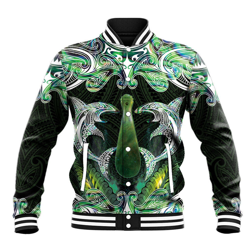 New Zealand Mere Pounamu Weapon Baseball Jacket Aotearoa Mango Paua Shell Maori Pattern LT22 Unisex Green - Polynesian Pride