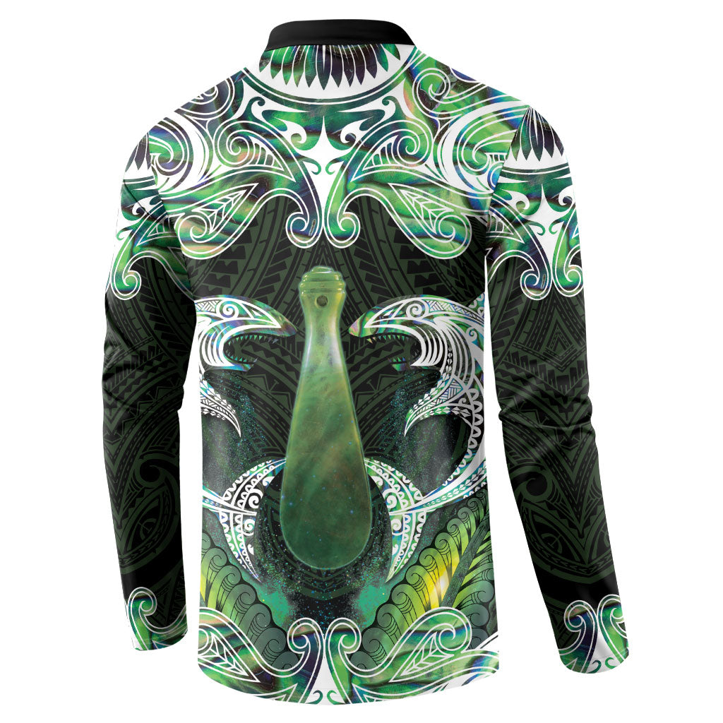 New Zealand Mere Pounamu Weapon Button Sweatshirt Aotearoa Mango Paua Shell Maori Pattern LT22 - Polynesian Pride