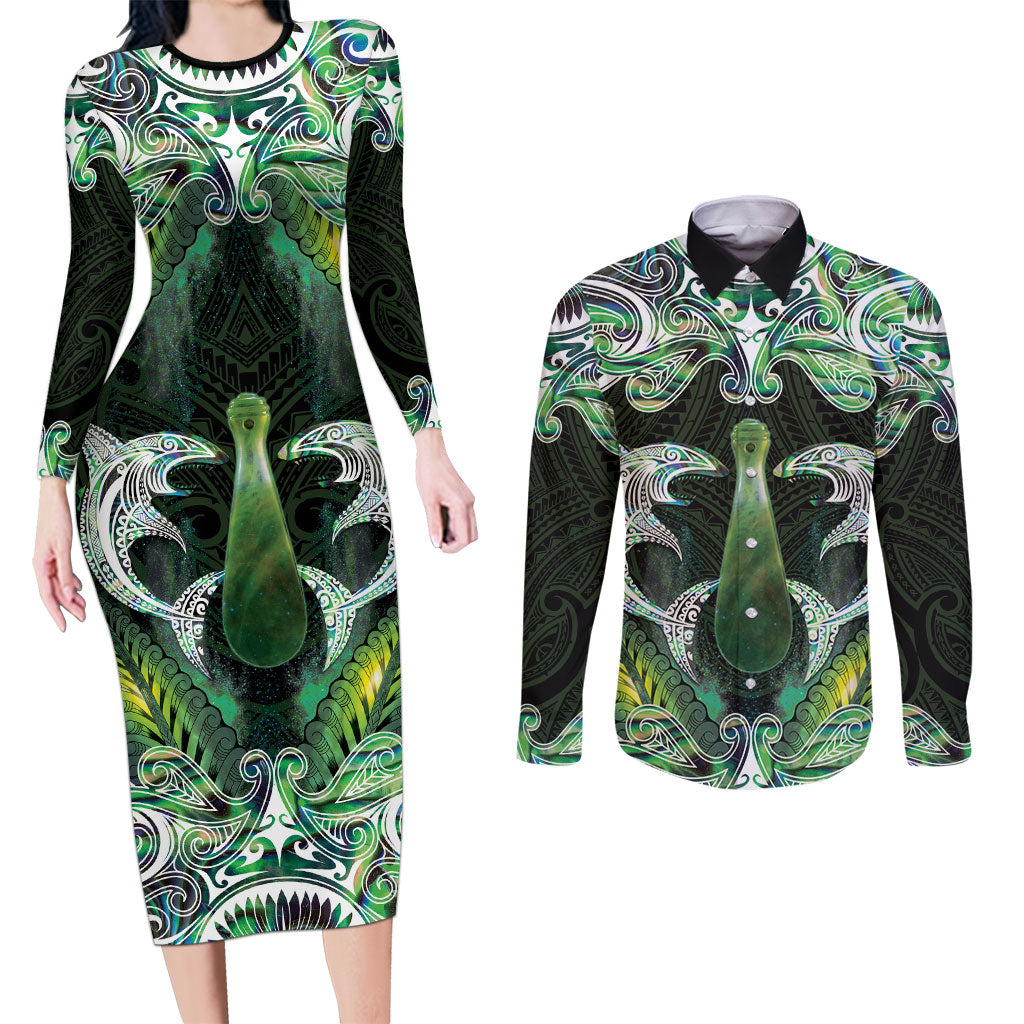 New Zealand Mere Pounamu Weapon Couples Matching Long Sleeve Bodycon Dress and Long Sleeve Button Shirt Aotearoa Mango Paua Shell Maori Pattern LT22 Green - Polynesian Pride