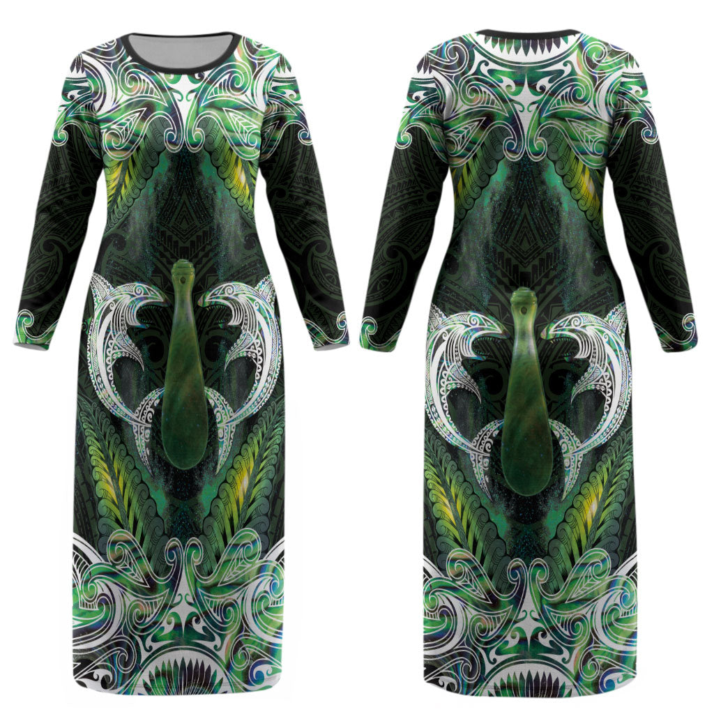 New Zealand Mere Pounamu Weapon Couples Matching Long Sleeve Bodycon Dress and Long Sleeve Button Shirt Aotearoa Mango Paua Shell Maori Pattern LT22 - Polynesian Pride