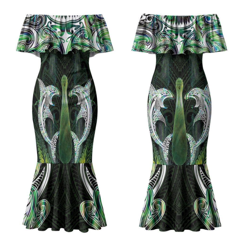 New Zealand Mere Pounamu Weapon Couples Matching Mermaid Dress and Hawaiian Shirt Aotearoa Mango Paua Shell Maori Pattern LT22 - Polynesian Pride