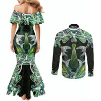 New Zealand Mere Pounamu Weapon Couples Matching Mermaid Dress and Long Sleeve Button Shirt Aotearoa Mango Paua Shell Maori Pattern LT22 - Polynesian Pride