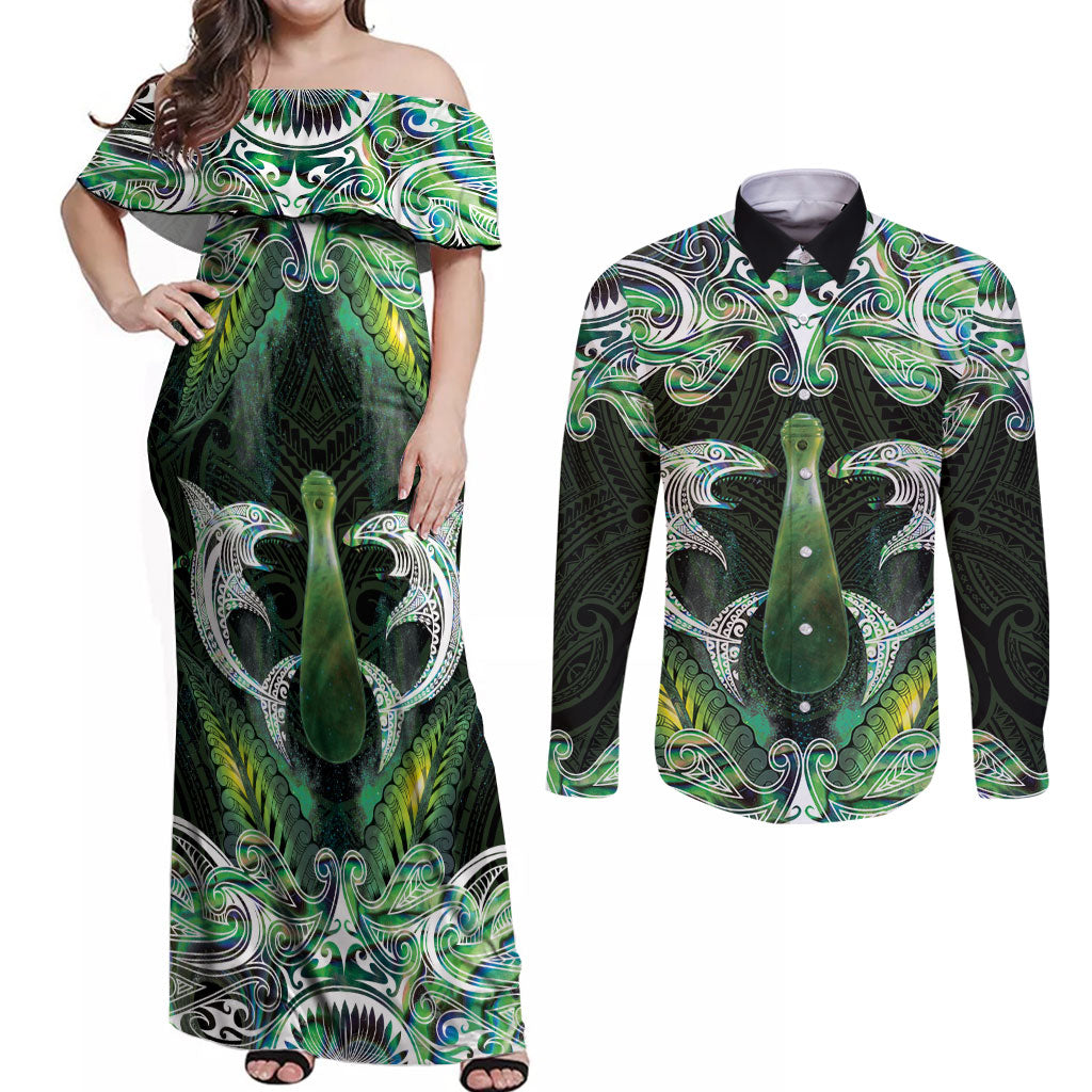 New Zealand Mere Pounamu Weapon Couples Matching Off Shoulder Maxi Dress and Long Sleeve Button Shirt Aotearoa Mango Paua Shell Maori Pattern LT22 Green - Polynesian Pride
