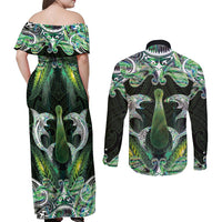 New Zealand Mere Pounamu Weapon Couples Matching Off Shoulder Maxi Dress and Long Sleeve Button Shirt Aotearoa Mango Paua Shell Maori Pattern LT22 - Polynesian Pride