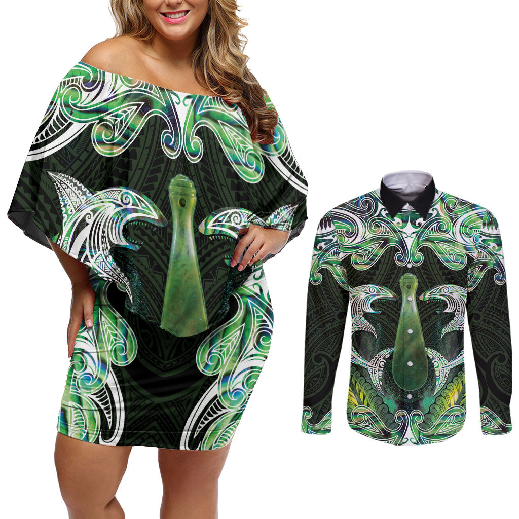 New Zealand Mere Pounamu Weapon Couples Matching Off Shoulder Short Dress and Long Sleeve Button Shirt Aotearoa Mango Paua Shell Maori Pattern LT22 Green - Polynesian Pride