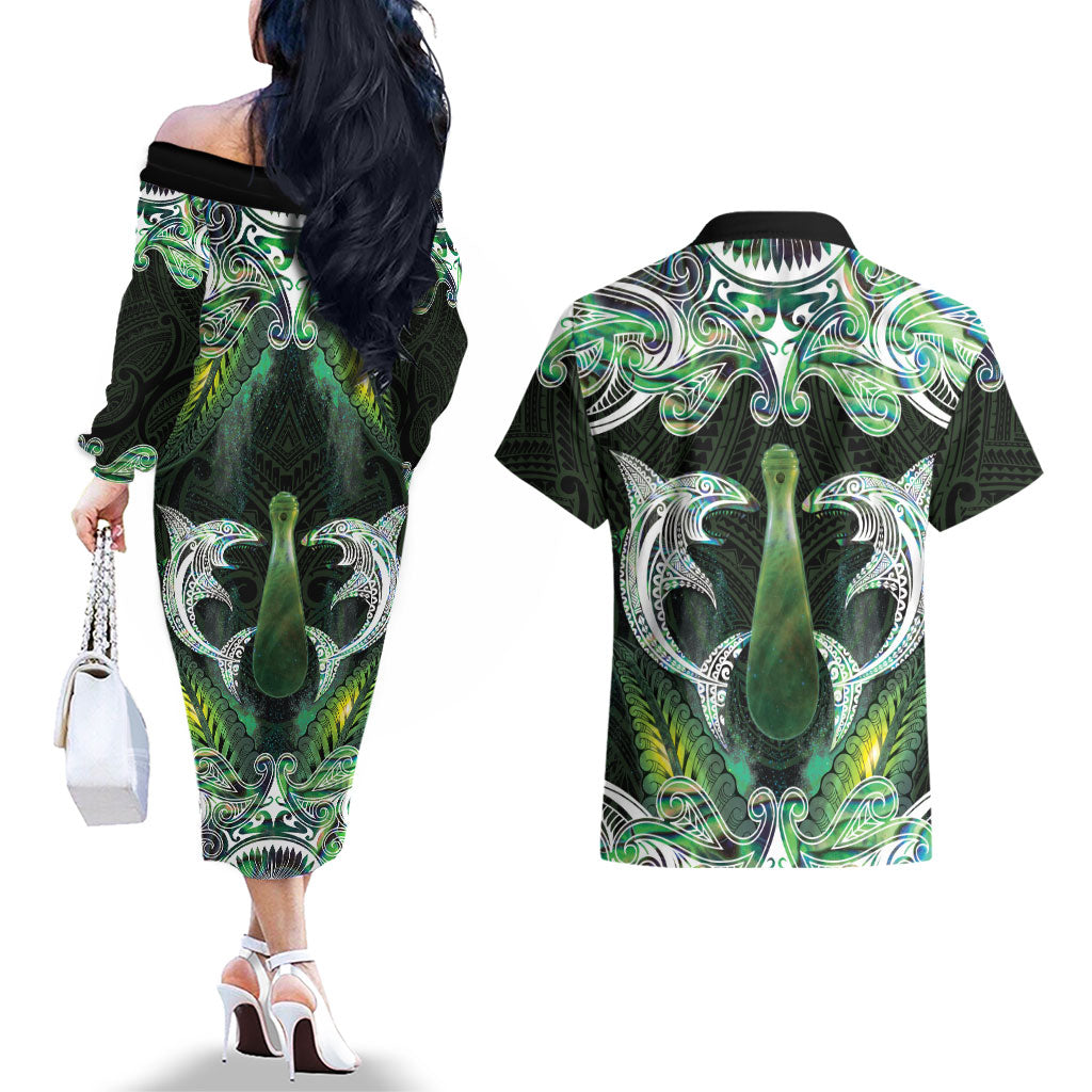 New Zealand Mere Pounamu Weapon Couples Matching Off The Shoulder Long Sleeve Dress and Hawaiian Shirt Aotearoa Mango Paua Shell Maori Pattern LT22 - Polynesian Pride