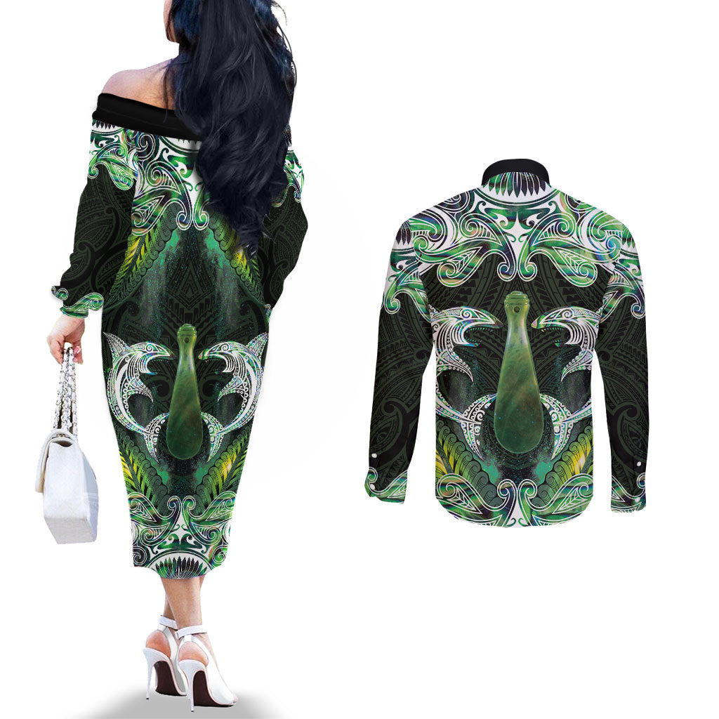 New Zealand Mere Pounamu Weapon Couples Matching Off The Shoulder Long Sleeve Dress and Long Sleeve Button Shirt Aotearoa Mango Paua Shell Maori Pattern LT22 - Polynesian Pride