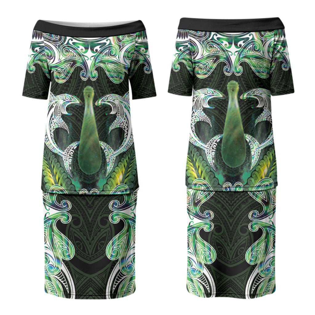 New Zealand Mere Pounamu Weapon Couples Matching Puletasi and Long Sleeve Button Shirt Aotearoa Mango Paua Shell Maori Pattern LT22 - Polynesian Pride