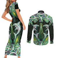 New Zealand Mere Pounamu Weapon Couples Matching Short Sleeve Bodycon Dress and Long Sleeve Button Shirt Aotearoa Mango Paua Shell Maori Pattern LT22 - Polynesian Pride