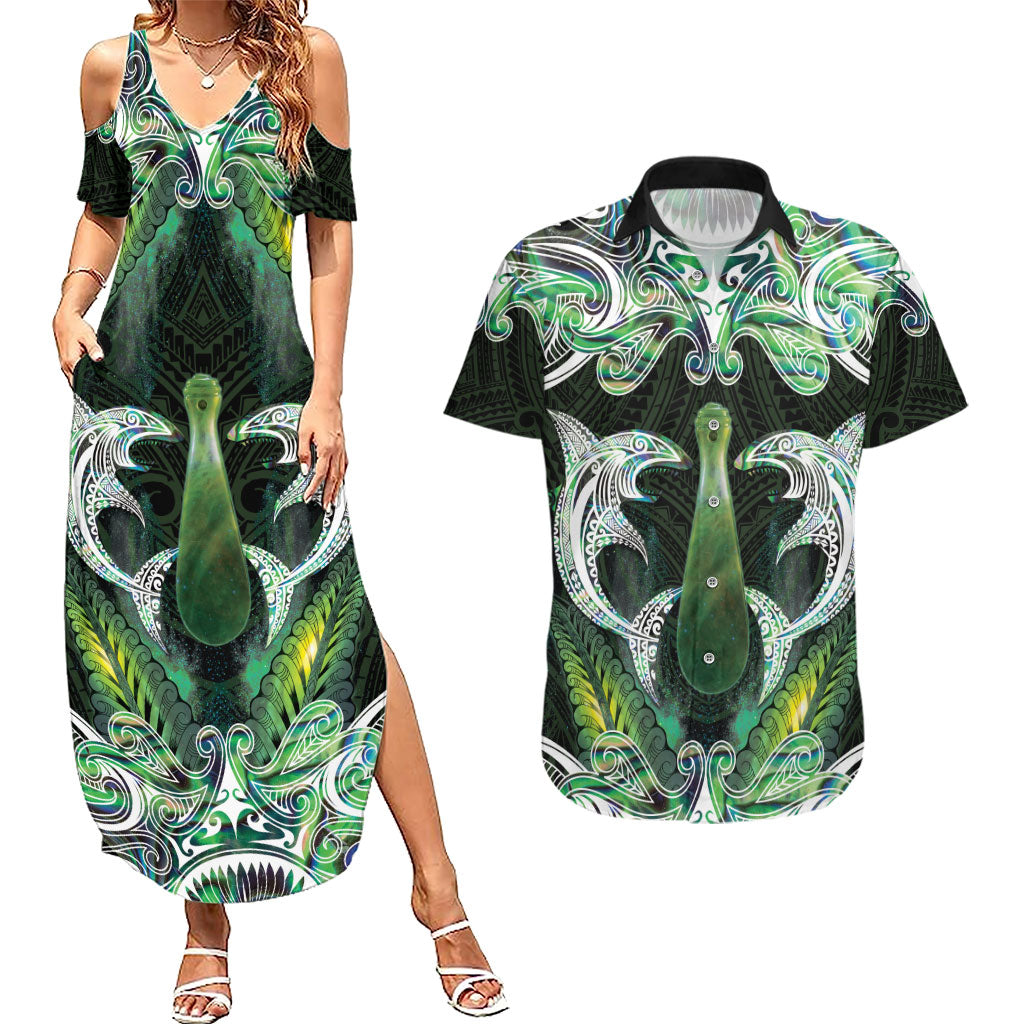 New Zealand Mere Pounamu Weapon Couples Matching Summer Maxi Dress and Hawaiian Shirt Aotearoa Mango Paua Shell Maori Pattern LT22 Green - Polynesian Pride