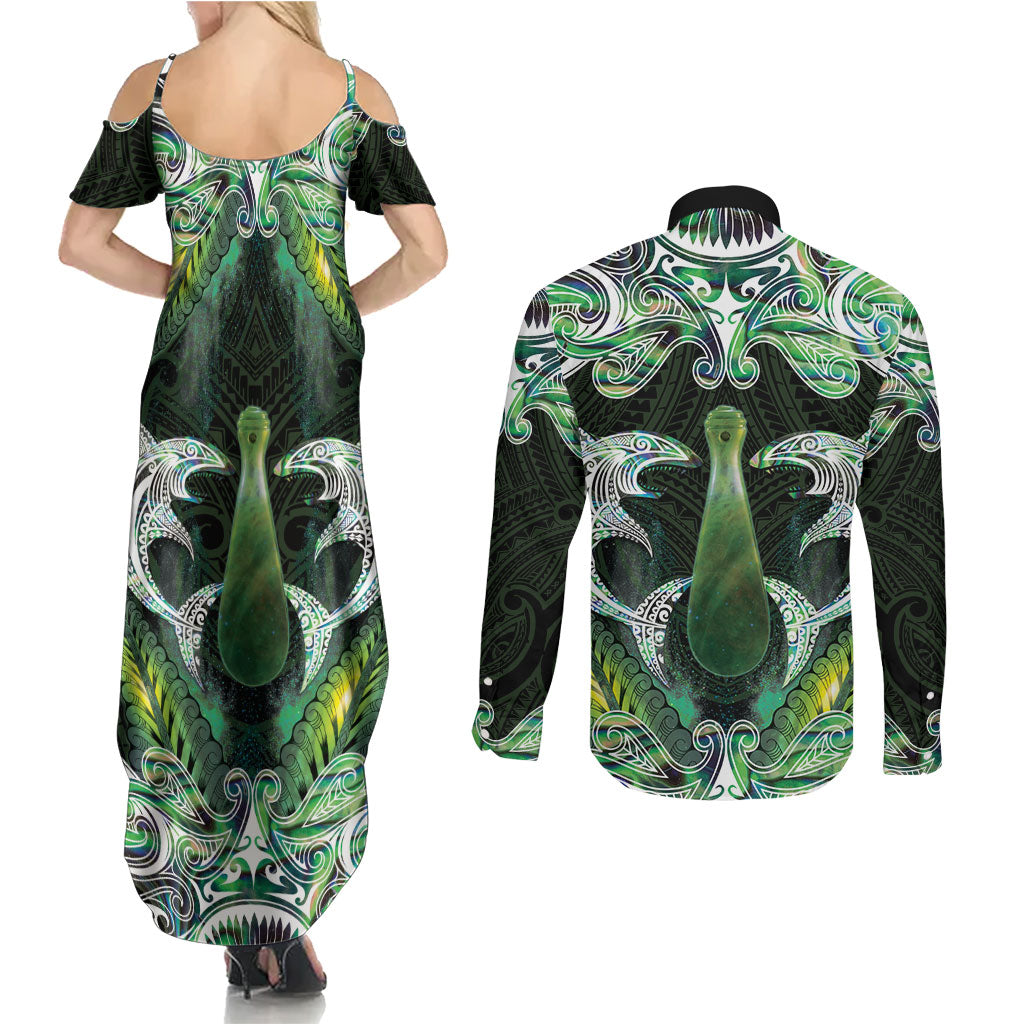 New Zealand Mere Pounamu Weapon Couples Matching Summer Maxi Dress and Long Sleeve Button Shirt Aotearoa Mango Paua Shell Maori Pattern LT22 - Polynesian Pride