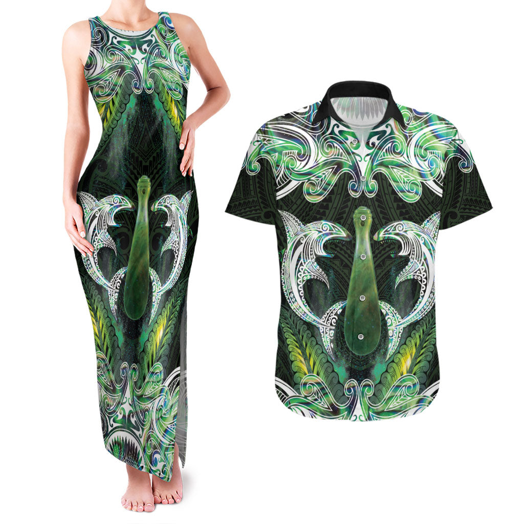 New Zealand Mere Pounamu Weapon Couples Matching Tank Maxi Dress and Hawaiian Shirt Aotearoa Mango Paua Shell Maori Pattern LT22 Green - Polynesian Pride