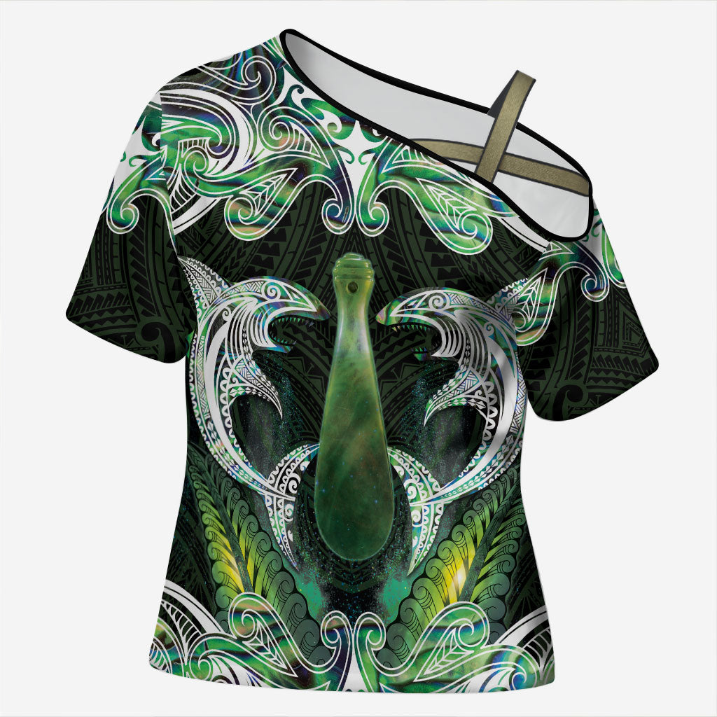 New Zealand Mere Pounamu Weapon Cross Shoulder Shirt Aotearoa Mango Paua Shell Maori Pattern LT22 Female Green - Polynesian Pride