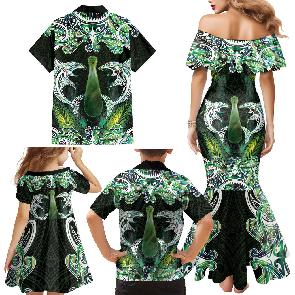 New Zealand Mere Pounamu Weapon Family Matching Mermaid Dress and Hawaiian Shirt Aotearoa Mango Paua Shell Maori Pattern LT22 - Polynesian Pride